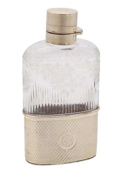 ERNEST DREW & SONS 1927 London Liquor Flask In Engraved Crystal & Sterling Silver: Liquor flask bottle designed by Ernest Drew & Sons.This is a very handsome and handy liquor flask bottle, created in London England by the silversmiths of Ernest Drew & Sons, back in the 1927. This be