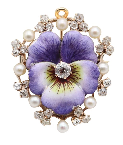 EDWARDIAN 1900 Enameled Pansy Flower Pendant-Brooch 18Kt Gold Pearls & Diamonds: An Edwardian enameled Pansy convertible brooch.This is a very beautiful convertible pendant-brooch created in America during the Edwardian and the Art Nouveau periods, back in the 1900-1910. This outs