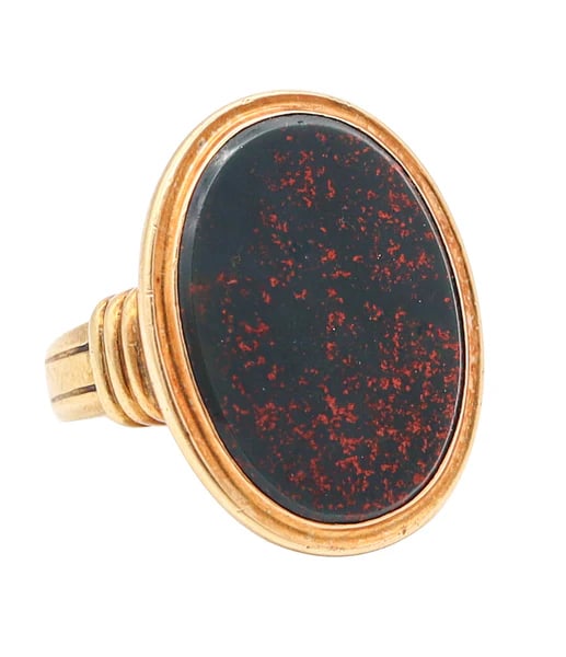 JONES & WOODLAND CO. 1930 Art Deco Signet Ring In 14Kt Yellow Gold & Bloodstone (1 of 5)
