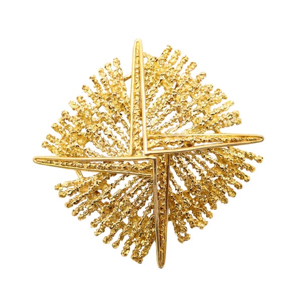 TIFFANY & CO. 1970 Modernist Pendant Brooch In Textured Solid 18Kt Yellow Gold: Pyramidal modernist pendant brooch designed by Tiffany & Co.This is a great statement pendant-brooch with exceptional eye appeal created in New York City by the American jewelry house of Tiffany & Co.