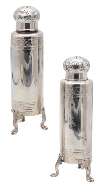 TIFFANY & CO. 1902 John C. Moore Pair Of Salt-Pepper Shakers In .925 Sterling Silver: Salt & pepper shakers set designed by Tiffany & Co.This is a beautiful pair of antique salt and pepper shakers created in 1902 at the Tiffany & Co. in New York City. This set is extremely rare and was