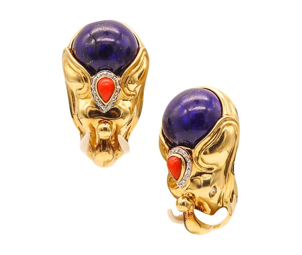 ROBERTO LEGNAZZI Elephants Earrings In 18Kt Gold With Diamonds And Gemstones: Elephants earrings designed by Roberto Legnazzi.These are a beautiful pair of clips-on earrings made in Italy the shape of elephant?s heads. The colorful earrings have been carefully crafted at the je