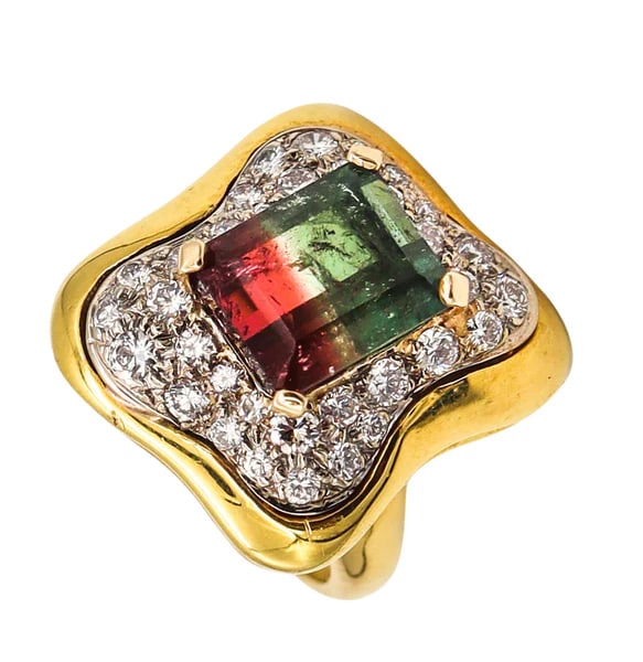 Modernist 1970 Brazil AK Atelier Cocktail Ring In 18Kt Gold With 7.13 Ctw Tourmaline And Diamonds: Brazilian concretism cocktail Ring designed by the Atelier-AK.An unusual and remarkable piece of wearable art, created in Brazil back in the early 1970's. This sculptural bold cocktail ring was crafte