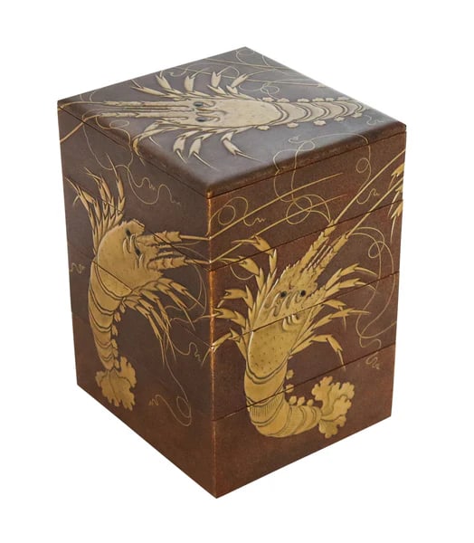 JAPAN Meiji Period 1870 Four Tiers Presentation Jubako Box Namiki Lacquer & Gold: Four Tier Japanese Gilt Jubako Maki-E box with red Interior.This is a beautiful decorative presentation Jubako box created in the Imperial Japan during the early Meiji period (1868-1912), circa 1870. 