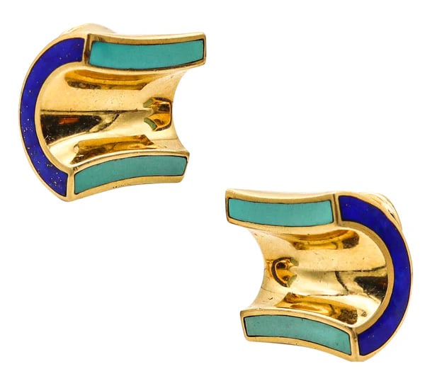 ANGELA CUMMINGS 1989 Modernist Clips On Earrings In 18Kt Gold With Gems Inlaid: Modernist clips-on earrings designed by Angela Cummings.This is a beautiful pair of clips-on earrings, created in New York city by the famous jewelry designer Angela Cummings, back in the 1989. These 