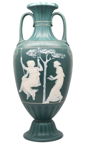 VILLEROY & BOCH METTLACH 1890 Phanolith Neo Classic Green Cameo Amphora: A neo classic green cameo amphora designed by Villeroy & Boch in Mettlach.This is a very rare tall Phanolith cameo vase, created in Germany by the Villeroy & Boch Mettlach company, back in the 1890's.