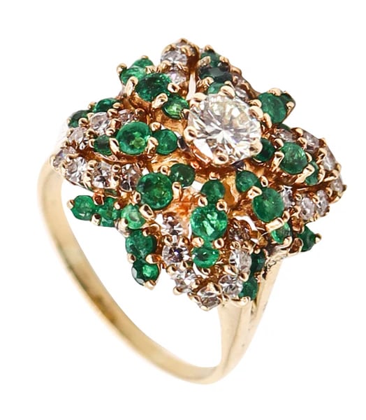 CLASSIC Cocktail Ring In 18Kt Gold With 2.30 Ctw Diamonds & Colombian Emeralds: A classic cocktail ring with diamonds and emeralds.This is a very handsome colorful cocktail ring created in Italy, back in the 1970's. The ring has been crafted as a cluster in solid yellow gold of 1