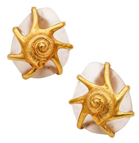 LALAOUNIS 1970 Carved Rock Quartz Nature Clips-On Earrings In 18Kt Yellow Gold: Clips-on earrings designed by Ilias Lalaounis.This is a fabulous and very rare pair of clips-on earrings, created in Paris France by the Greek jewelry house of Ilias Lalaounis, back in the 1970's. The