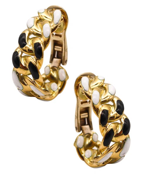 BVLGARI Roma 1970 Enameled Hoops Earrings In Solid 18Kt Yellow Gold: Enameled hoops earrings designed by Bvlgari.This is a beautiful and rare pair of hoops earrings created in Italy by the jewelry house of Bvlgari, back in the late 1970. The vintage earrings has been c