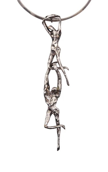 E. SILVERT 1960 Modernist Acrobats Sculptural Necklace In .925 Sterling Silver: Modernist sculptural necklace designed by E. Silvert.We are offering here a large sterling silver modernist necklace-pendant created in New York City by the silversmith artist E. Silbert, back in the 