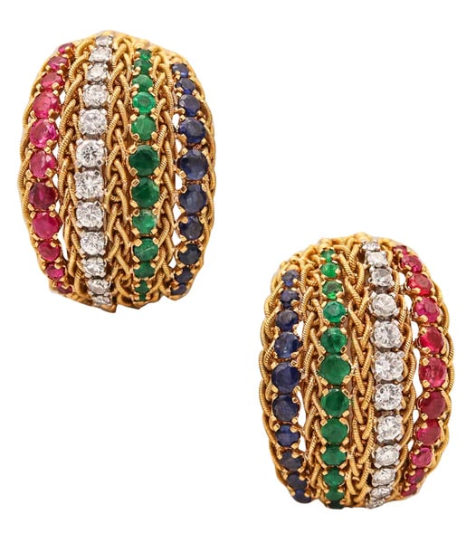 ITALIAN 1960 Clips On Earrings In 18Kt Gold With 5.86 Ctw In Diamonds And Gemstones: Pair of Italian multi gemstones clips on earrings.Fabulous oversized clips-on earrings, created in Italy with modernist patterns, back in the 1960-1970. The colorful earrings has been crafted as a lef