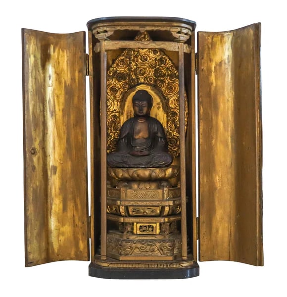 JAPAN 1800 Edo Period Seated Shakyamuni Buddha In Zushi Buddhist Altar Cabinet (1 of 4)