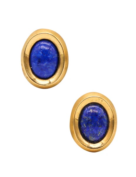 ANGELA CUMMINGS 1988 Clips-On Earrings In 18Kt Yellow Gold With Lapis Lazuli: Clips on earrings designed by Angela Cummings.Beautiful and unusual pair of oval clips-on earrings, created by Angela Cummings, back in the 1988. These modernist clip-on earrings has been crafted in s