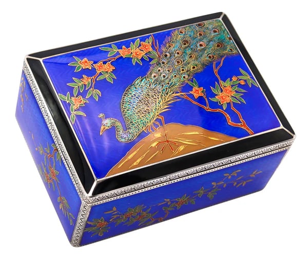 ALFRED DUNHILL Paris 1928 By Louis Kuppenheim Enameled Japonisme Box In 935 Sterling: An enameled box by Louis Kuppenheim for Alfred Dunhill. This is an extraordinary and extremely rare desk box with double enameling. The box have been created in the city of Pforzheim Germany at the Lo
