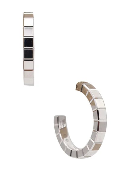 CHOPARD Ice Cube Hoop Studs Earrings In Solid 18Kt White Gold: Hoops earrings designed by Chopard.Beautiful pair of hoops earrings, created in Switzerland by the jewelry house of Chopard. This ultra modernist pair are from the iconic collection Ice-Cube and has b