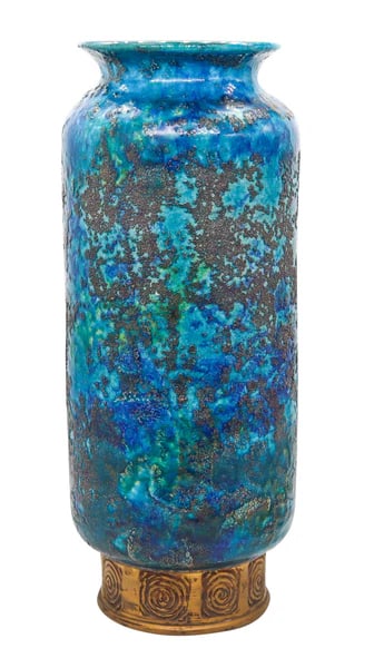 BITOSSI 1964 Italian Cinese Tall Vase In Glazed Blue Terracotta With Gold: A tall blue glazed vase designed by Bitossi for Rosenthal Netter.This is a Bitossi vase crafted in Florence Italy in blue glazed ceramic and gold. This is the larger scale vase with perfect proportion
