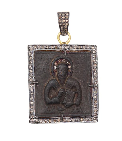 BYZANTINE 1690 Orthodox Icon Medal In Copper 18Kt Vermeil Sterling & Diamonds (1 of 4)