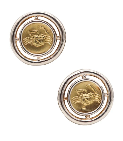 Lalaounis 1970 Akragas Crabs Clips-On Earrings In 18Kt Yellow Gold and Sterling: A pair of zodiacal earrings designed by Ilias Lalaounis.Beautiful clips-on earrings, created in Greece by the jewelry house of Ilias Lalaounis back in the 1970. These beautiful vintage pair are rare a