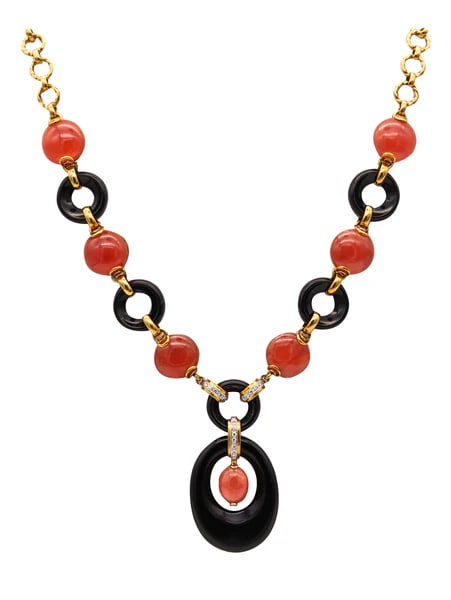 European 1970 Modernist Necklace In 18Kt Gold With 176.25 Ctw In Rhodochrosite And Diamonds: Retro modernism necklace with Rhodochrosite.Wonderful retro-modernist necklace, created around the 1970's in the northern region of Europe, most probably in Germany or the Netherlands. This colorful a