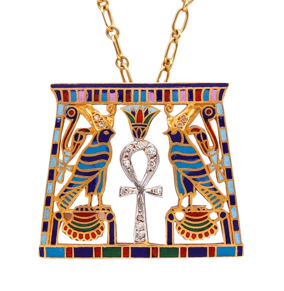 French 1930 Art Deco Egyptian Revival Necklace in 18Kt Gold With Cloisonne And Diamonds (1 of 4)