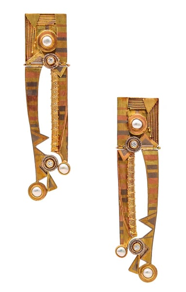 VICKI EISENFELD Studio Mokume Dangle Earrings In 14-18-22Kt Gold And Diamonds: Dangle earrings designed by Vicki Eisenfeld.This is a fabulous and one of a kind pair of dangle earrings, created in Connecticut USA by the talented studio jewelry designer Vicky Eisenfeld, back in th