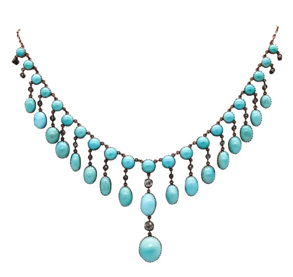 Victorian 1870 Gorgeous Festoon Drop Necklace In 18Kt Yellow Gold With 96.65 Cts In Turquoises & (1 of 4)