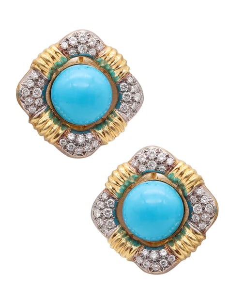 IVAN & CO. Modernist Turquoise Clips Earrings In 18Kt Gold With 3.20 Ctw Diamonds (1 of 4)