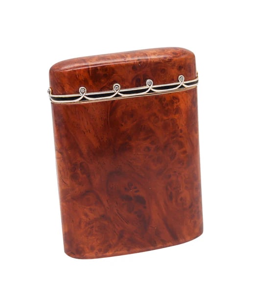 CARTIER Paris 1920 Burl Wood Pocket Case In 18Kt Yellow Gold Enamel And Diamonds: A burl wood pocket case designed by Cartier.This is a fantastic pocket box, created in Paris France by the jewelry house of Cartier, back in the 1920. The fabulous case has been masterfully crafted wi