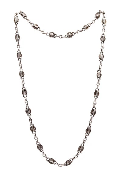 EDWARDIAN 1900 French Antique Long Chain In Solid .900 Sterling Silver: French Edwardian antique long chain.A beautiful long chain created in Paris France during the early Edwardian period, back in the 1900. The outstanding chain has been carefully crafted in solid silver