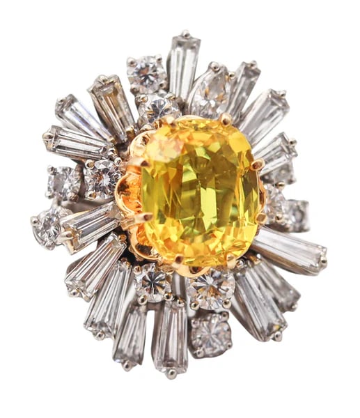 MODERNIST Cluster Cocktail Ring In 18Kt Gold 5.46 Ctw In Diamonds & Yellow Sapphires: A cocktail ring with a vivid yellow sapphire.This is a beautiful classic cluster cocktail ring, carefully crafted in white and yellow gold of 18 karats with high polished finish. The cocktail ring is 