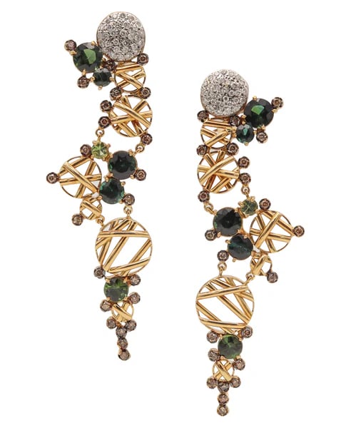 MODERNIST Dangle Drop Earrings 18Kt Gold & 14.24 Ctw Tourmalines & Diamonds: Pair of modernist studio dangle drops earrings.This is an amazing pair of modernist studio dangle drops earrings created in America, back in 1980. They were crafted as a left and right pair with multi