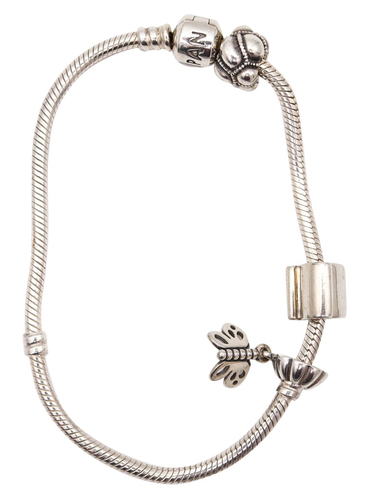 PANDORA Vintage Bracelet with Three Charms In .925 Sterling Silver (1 of 7)