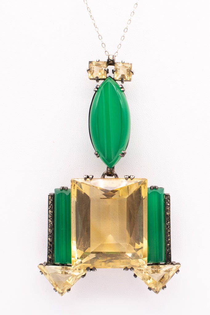 Germany 1920 Art Deco important geometric necklace in sterling with 155 Ctw in citrines & chrysopras (1 of 4)
