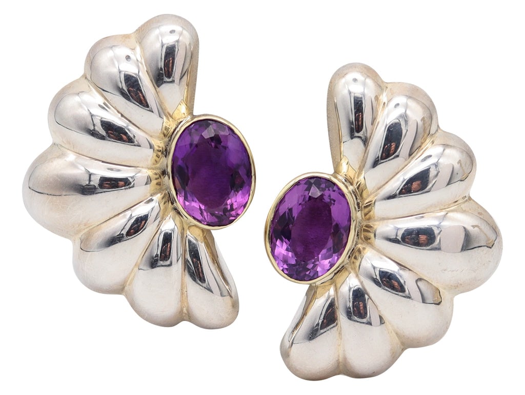 TAXCO 1970 Mexican Modernist Earrings In .925 Sterling 14Kt Gold & Amethysts (1 of 5)