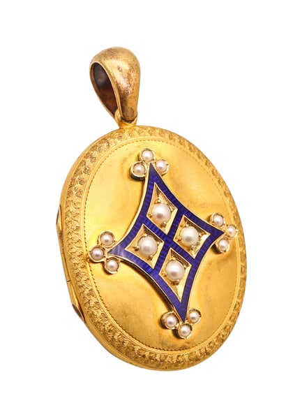 VICTORIAN 1890 Blue Enameled Locket In 18Kt Yellow Gold And White pearls (1 of 8)
