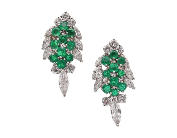 ART-DECO Platinum Clips-On Clusters Earrings With 6.24 Ctw Diamonds & Emeralds: Art-deco clips-on earrings with diamonds & emeralds.This is a beautiful pair of clusters clips-on earrings created during the late art deco period. The gorgeous pair has been designed as dangles drops