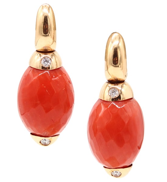 ANGELETTI ROMA Dangle Hoops Earrings In 18Kt Gold With Diamonds & Corals: Faceted coral dangle earrings designed by Angeletti Roma.This is a beautiful pair of dangle earrings created in the city of Roma, Italy by Angeletti Roma, back in the 1990. This pair of drops earrings