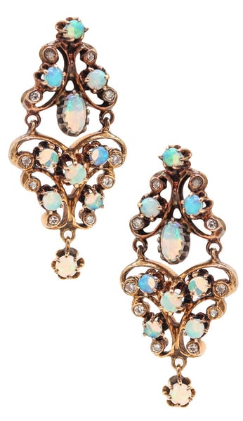VICTORIAN 1890 Dangle Earrings In 18Kt Yellow Gold Precious-Opals & Diamonds (1 of 6)