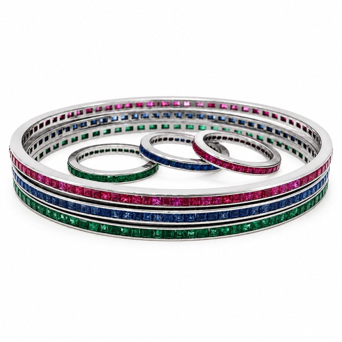 Art Deco Platinum Ruby, Sapphire and Emerald Bangle & Ring Set (1 of 6)