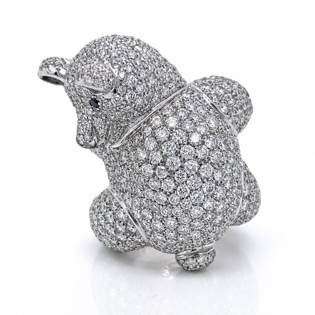 18K White Gold 16.00 Ct. Diamond Bear Ring: 18K White Gold 16.00 Ct. Diamond Bear RingWeighing 48.3 gramsSet with 16.00 Ct. of DiamondsF-G Color, VVS-VS ClarityAlong with 2 Black Diamonds set as eyesweighing app. 0.06 Ct.Ring Size 6