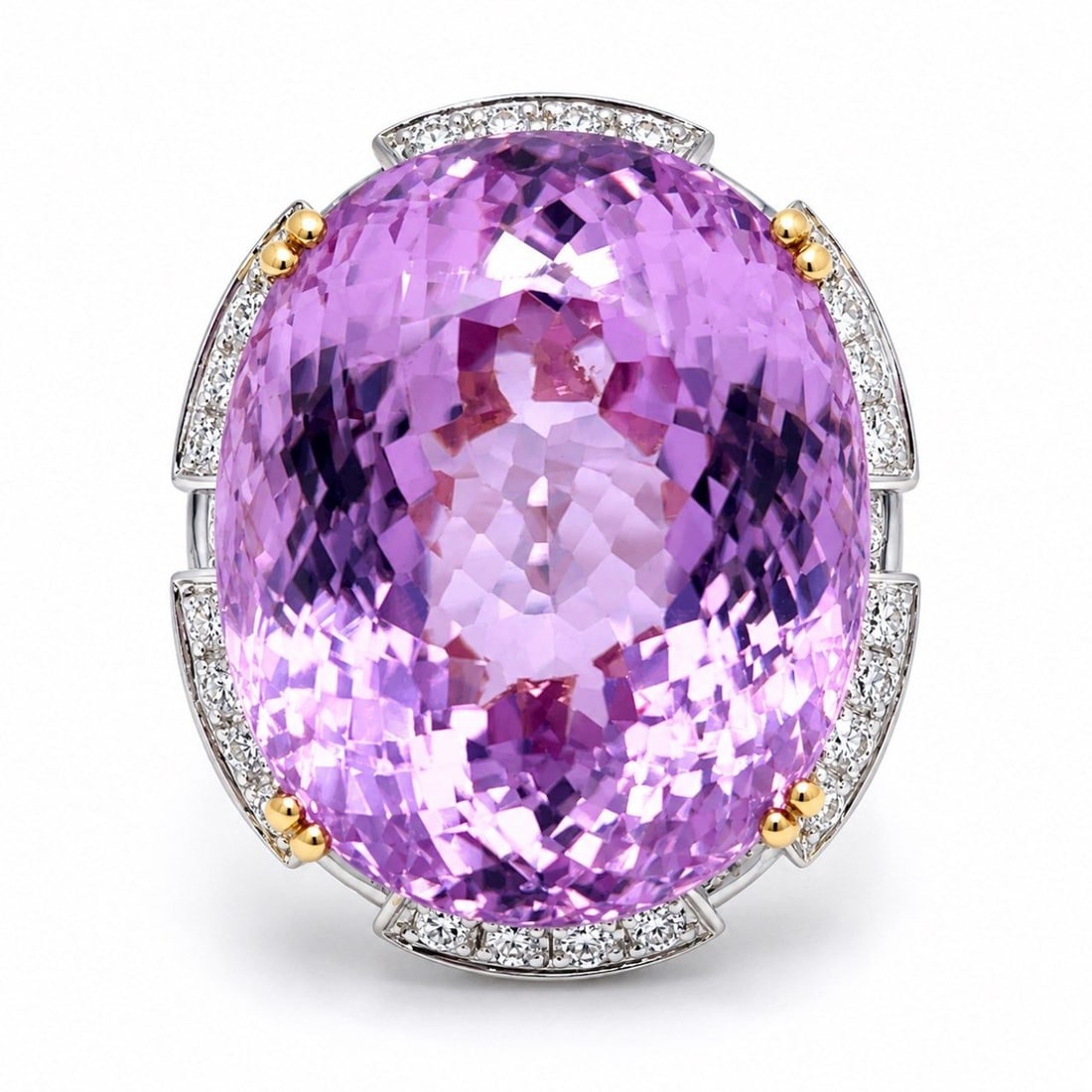 18K White Gold Kunzite & Diamond Cocktail Ring: 18K White Gold Kunzite & Diamond Cocktail RingWeighing 21.7 gramsSet with an app. 40.00 Ct. KunziteAlong with app. 3.25 Ct. of DiamondsD-F Color, VVS-VS ClarityRing Size 6.5