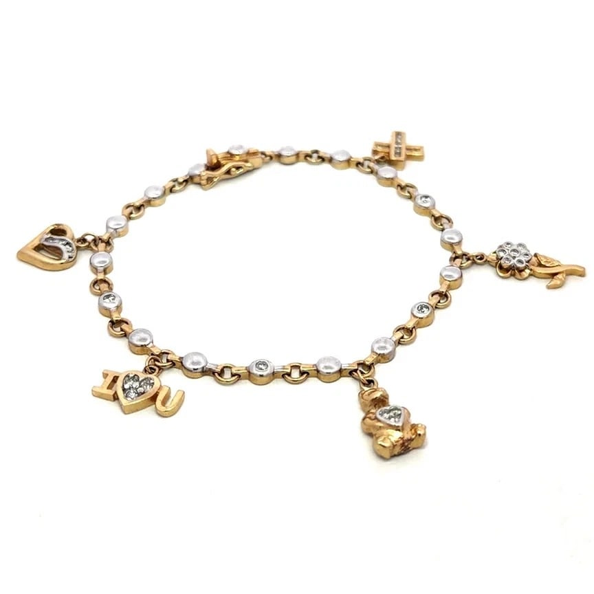 Diamond Gold 5 Charms Bracelet 10k Two Tone Love Assorted Shape Vintage: This adorable vintage bracelet features 5 dangling charms, it is crafted from 10k yellow and white gold, the charms showcase a flower, Cross, teddy bear, IloveU, and a heart, all accented with natural