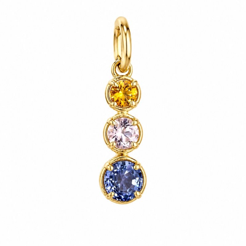14KT YELLOW GOLD 3 ASSORTED MULTI SAPPHIRE LINEAR PENDANT: 14KT YELLOW GOLD 3 MULTI SAPPHIRE LINEAR PENDANT14KT GOLD WT. APPROX. 0.60 GRAMMULTI SAPPHIRE WT. APPROX. 0.50 CTS/ 03 PCSSIZE APPROX. - 15 X 5MM (WITHOUT LOOP)PRICE IS ONLY FOR PENDANT WITHOUT CHAIN
