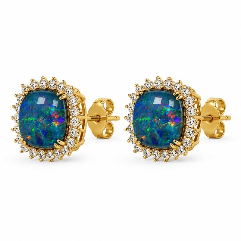 14KT YELLOW GOLD OPAL AND DIAMONDS EARING: 14KT YELLOW GOLD OPAL AND DIAMONDS EARRING14KT GOLD WT. APPROX. 2.51 GRAMDIAMOND WT. APPROX. 0.65 CARAT / 48 PCSOPAL WT. APPROX. 4.30 CARAT / 2 PCSSIZE APPROX. 12.50MM