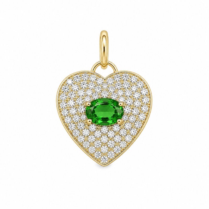 14KT YELLOW GOLD HEART PENDANT WITH GREEN SAPPHIRE AND DIAMONDS: 14KT GOLD WT. APPROX. 1.34 GRAMDIAMOND WT. APPROX. 0.47 CARAT / 78 PCSGREEN SAPPHIRE WT. APPROX. 0.70 CARAT / 1 PCSSIZE APPROX. - 16.50 MM X 14.75 MM