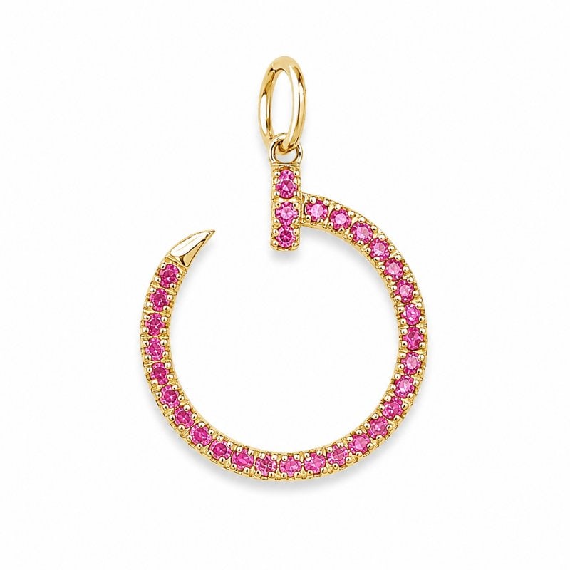 14KT YELLOW GOLD PINK SAPPHIRE NAIL PENDANT: 14KT YELLOW GOLD NAIL PINK SAPPHIRE PENDANT14KT GOLD WT. APPROX. 1.32 GRAMPINK SAPPHIRE WT. APPROX. 0.40 CARAT/ 36 PCSSIZE APPOX. - 17.50 X 21.50 MM