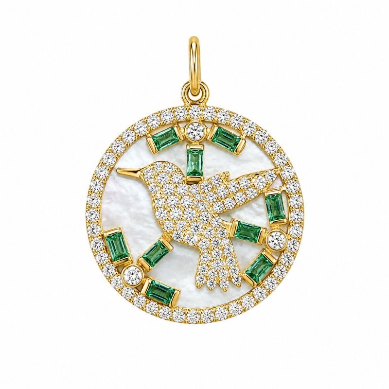 14KT YELLOW GOLD MOTHER OF PEARL EMERALD BIRD PENDANT WITH DIAMONDS: 14KT YELLOW GOLD MOTHER OF PEARL EMERALD BIRD PENDANT WITH DIAMONDS14KT GOLD WT. APPROX. 2.20 GRAMDIAMOND WT. APPROX. 0.58 CARATMOTHER OF PEARL/ EMERALD WT. APPROX. 6.50 CARATSIZE APPROX. - 22 MM