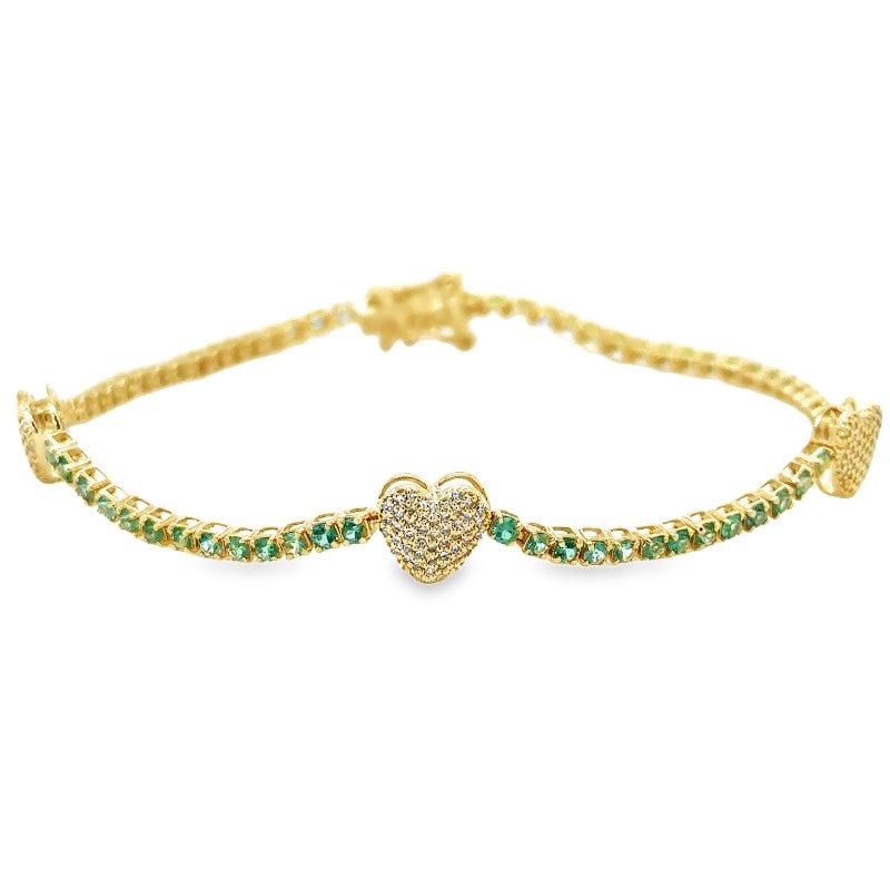 14KT GOLD EMERALD AND DIAMONDS HEART TENNIS BRACELET: 14KT YELLOW GOLD EMERALD AND DIAMONDS HEART TENNIS BRACELET 7"14KT GOLD WT. APPROX. 4.53 GRAMDIAMOND WT. APPROX. 0.24 CARAT / 147 PCSEMERALD WT. APPROX. 1.27 CARAT / 72 PCS
