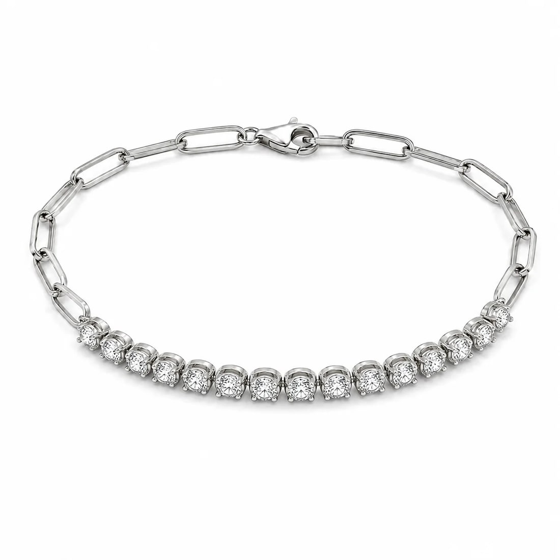 14KT WHITE GOLD DIAMOND TENNIS BRACELET WITH PAPERCLIP: 14KT WHITE GOLD DIAMOND TENNIS BRACELET WITH PAPERCLIP 7"14KT GOLD WT. APPROX. 3.85 GRAMDIAMOND WT. APPROX. 0.77 CT / 15 PCS