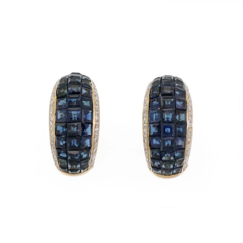 Invisibly Set 7.6ct Diamond Sapphire 18k Yellow Gold Dome Huggie Earrings: This beautiful pair of earrings are crafted from 18k yellow gold featuring long curved dome shape with post omega backs, can be worn as non pierced or for pierced ears. The two end of the curve is dec